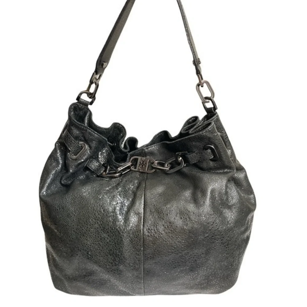 Tory Burch black gunmetal gathered bag